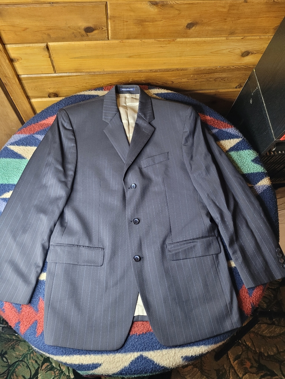 Calvin Klein Navy Blue Striped Blazer Size 40R Wool Sport Coat 3 Button